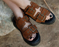 V3344L Brown Suede Flat Stud Viva Mondo Sandal
