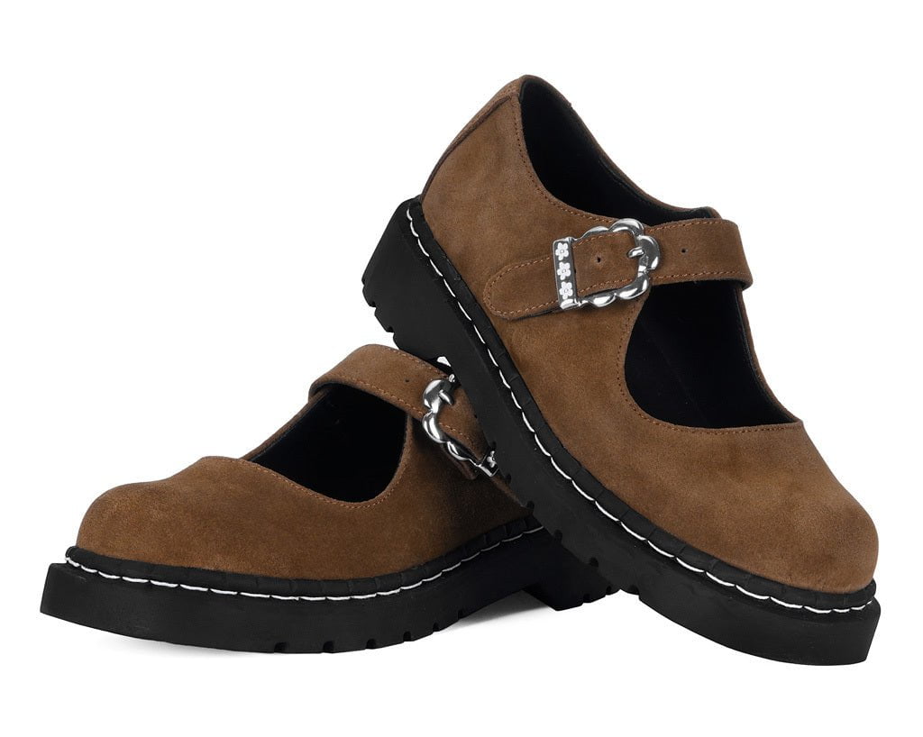 T2359 Brown Suede Flower Buckle Mary Jane
