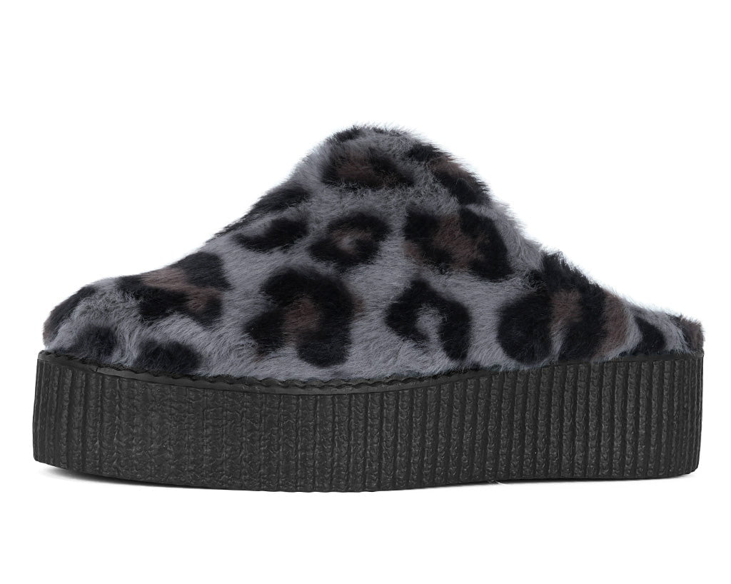 V3445L Grey Leopard Faux Fur Creeper Mule
