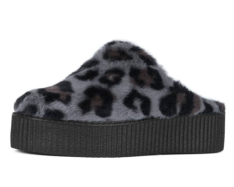 V3445L Grey Leopard Faux Fur Creeper Mule