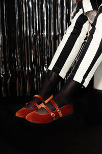 F3438L Orange Velvet 2-Strap Mary Jane