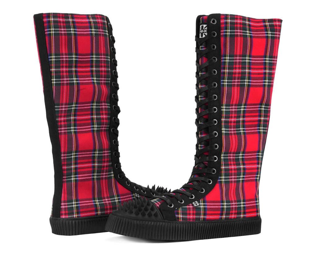A3483 Tartan Canvas Knee Hi Spike Toe Sneaker Boot