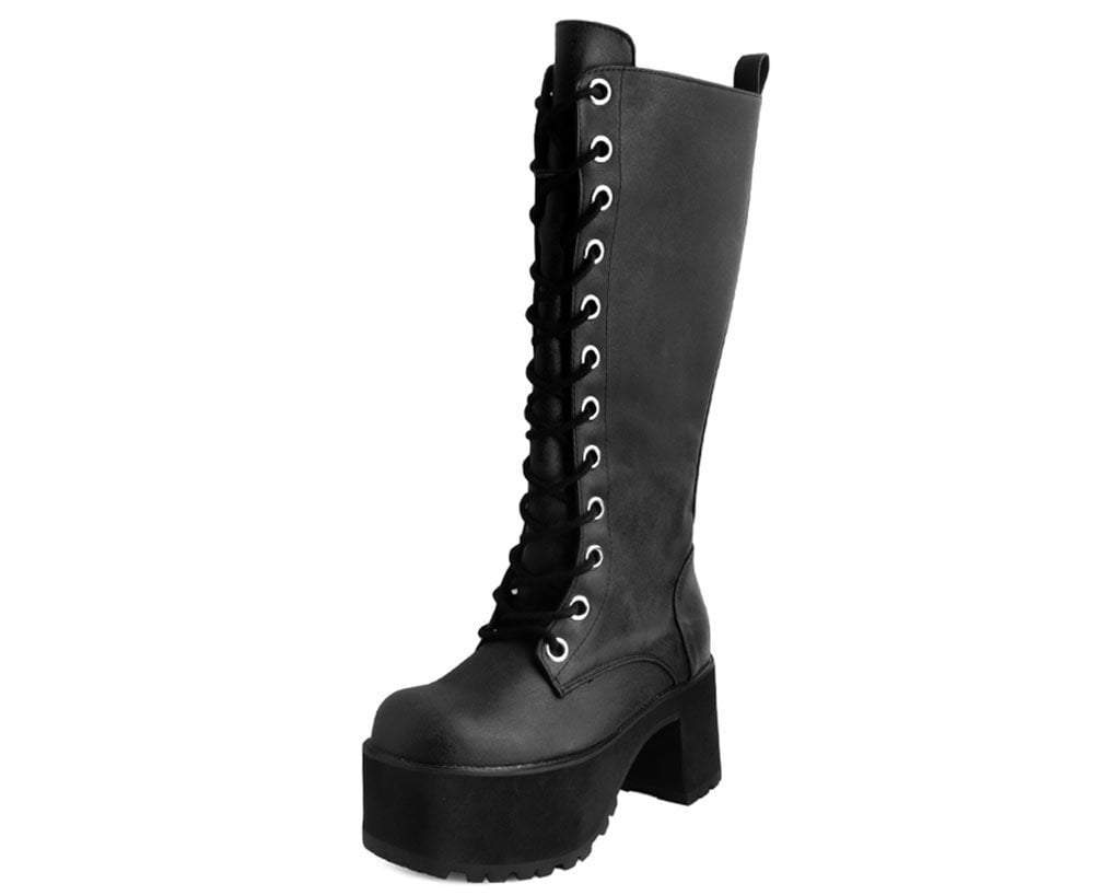 Black Distressed Knee-High Vegan Nosebleed Boots
