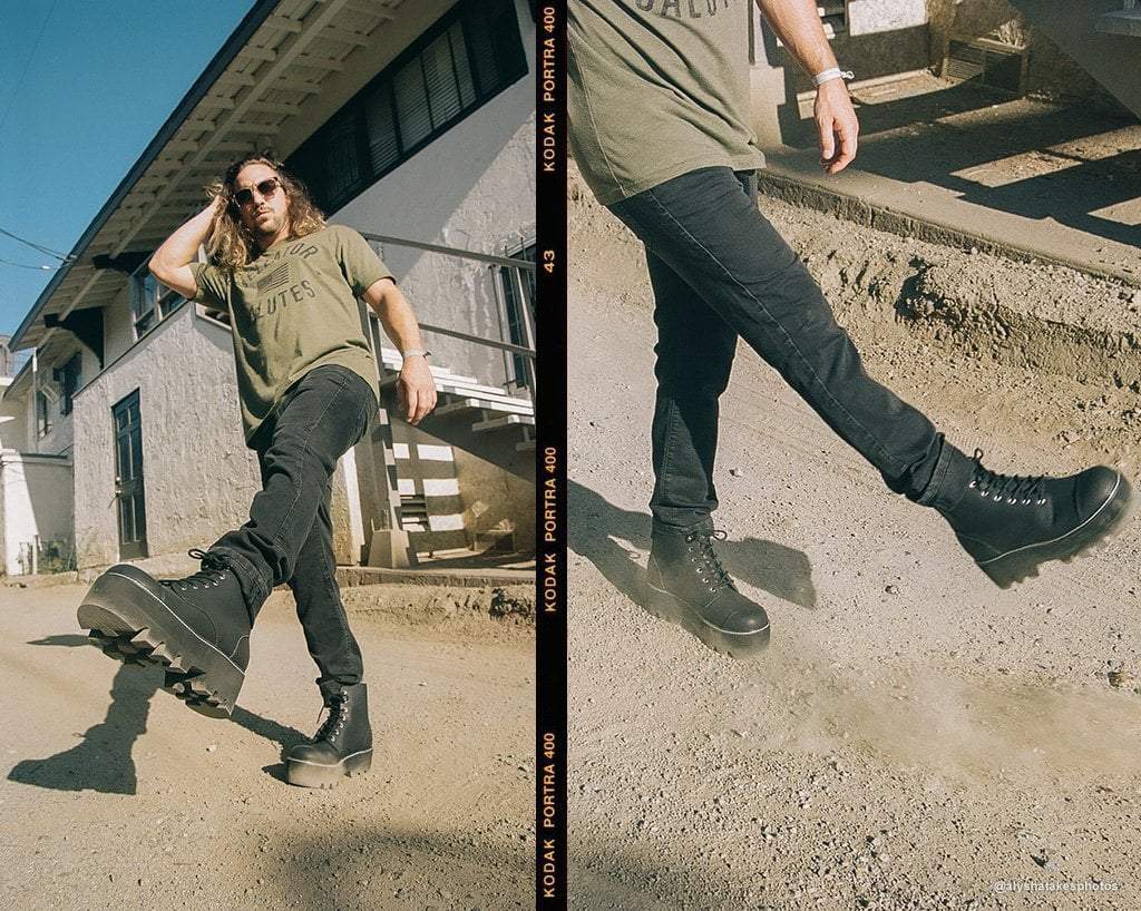 Black Faux Leather 7-Eyelet Dino Lug Sole Boots