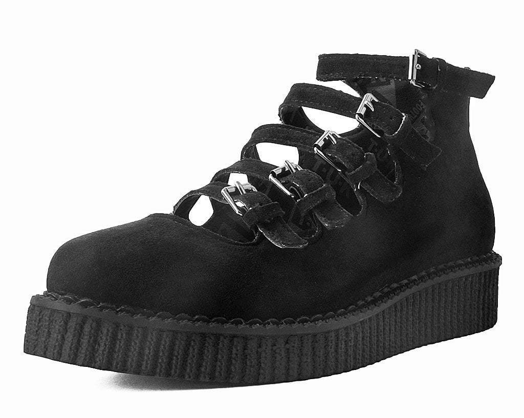 A9674L Black Faux Suede Multi-Strap Pointed Mary Jane Creeper