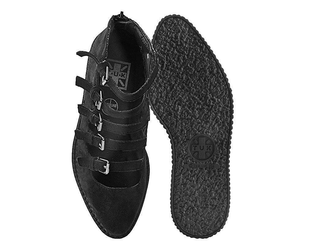 A9674L Black Faux Suede Multi-Strap Pointed Mary Jane Creeper