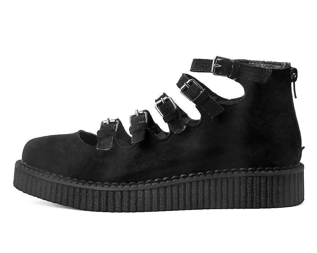 A9674L Black Faux Suede Multi-Strap Pointed Mary Jane Creeper
