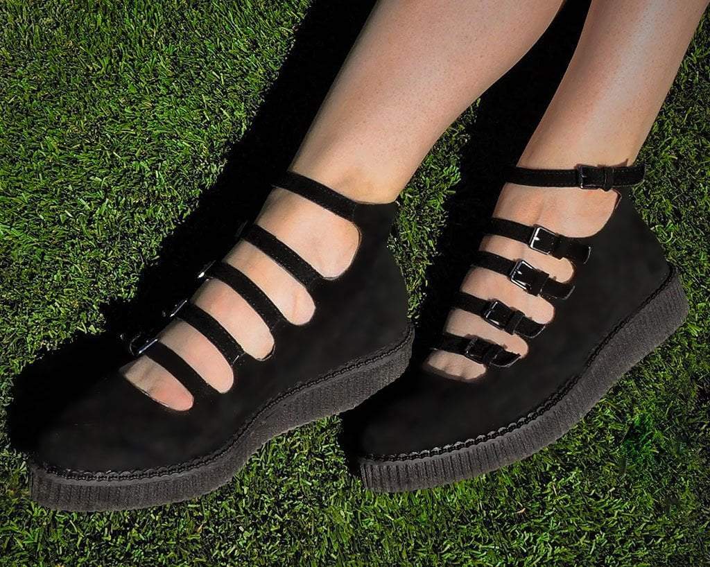 A9674L Black Faux Suede Multi-Strap Pointed Mary Jane Creeper