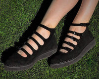 A9674L Black Faux Suede Multi-Strap Pointed Mary Jane Creeper