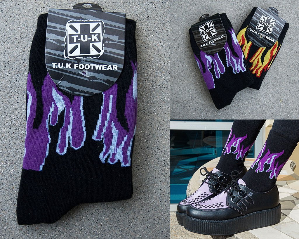 TSK1063 Black Purple & Grey Flame Socks TSK1063-OS