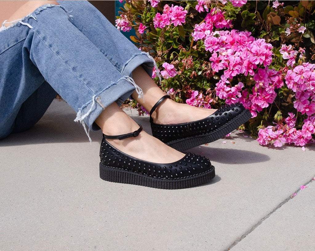 A9666L Black Spiked Pointed Ballet Ankle Strap Creeper