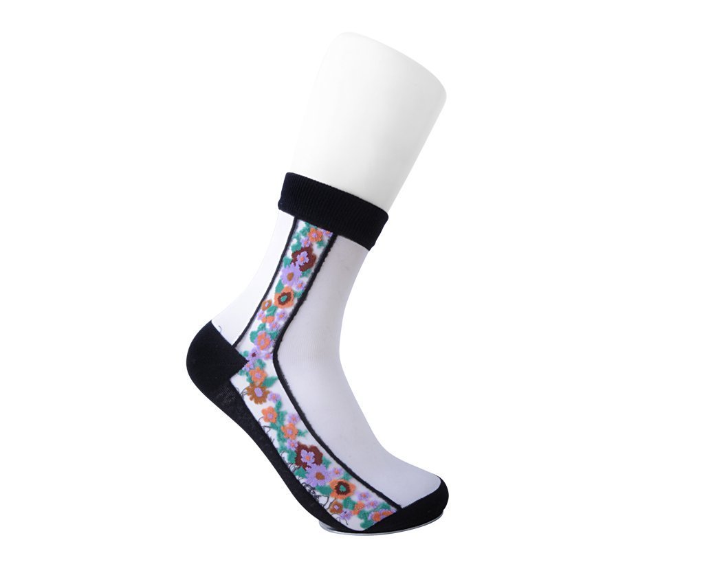 TSK1080 Black Stripe Floral Sheer Sock TSK1080-OS