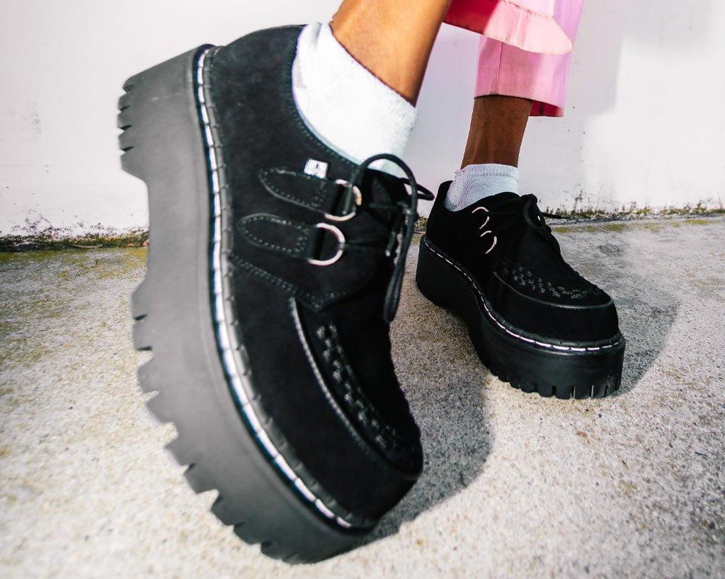 A3051 Black Suede Interlace Double Decker Creeper