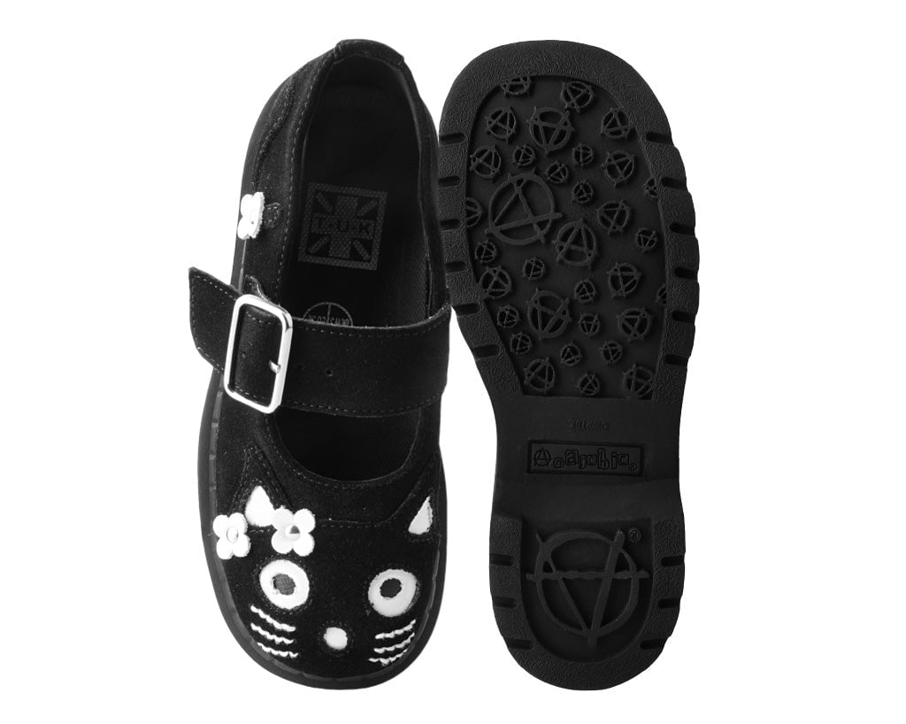 T2327 Black Suede Kitty Flower Mary Jane