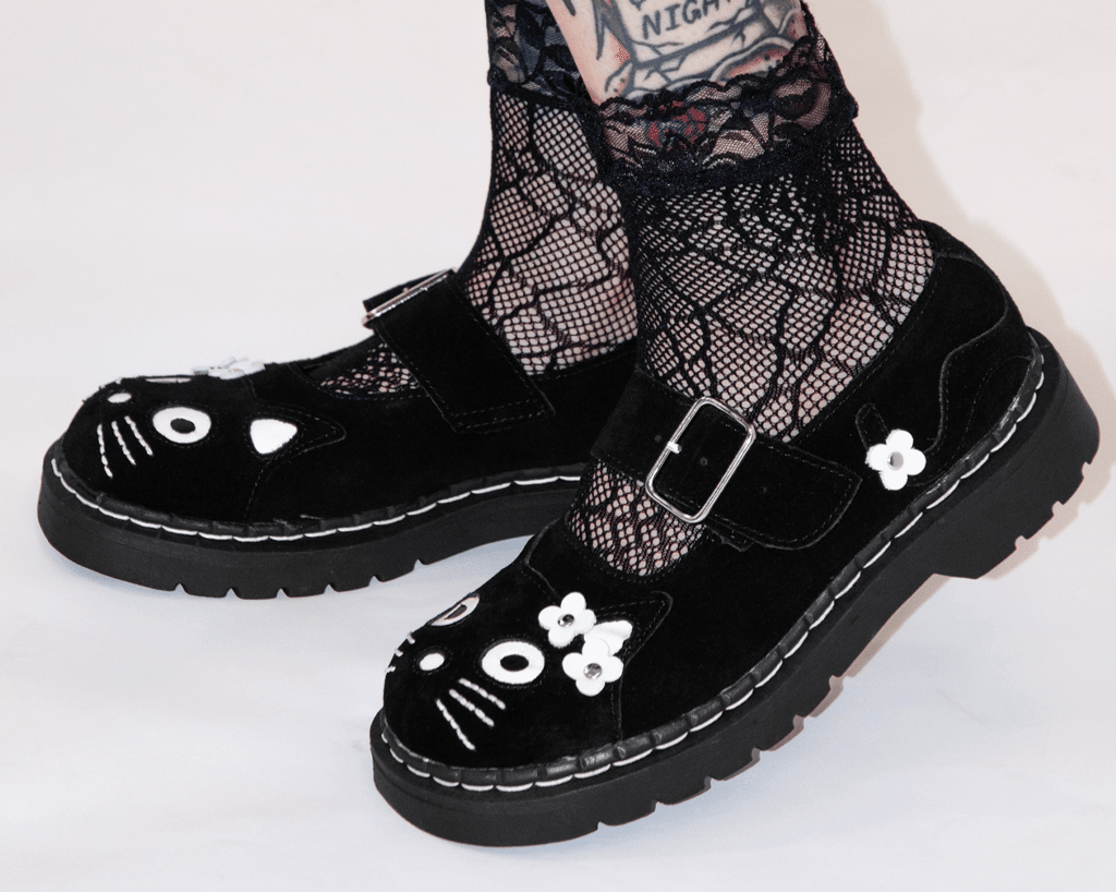 T2327 Black Suede Kitty Flower Mary Jane