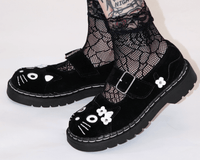 T2327 Black Suede Kitty Flower Mary Jane
