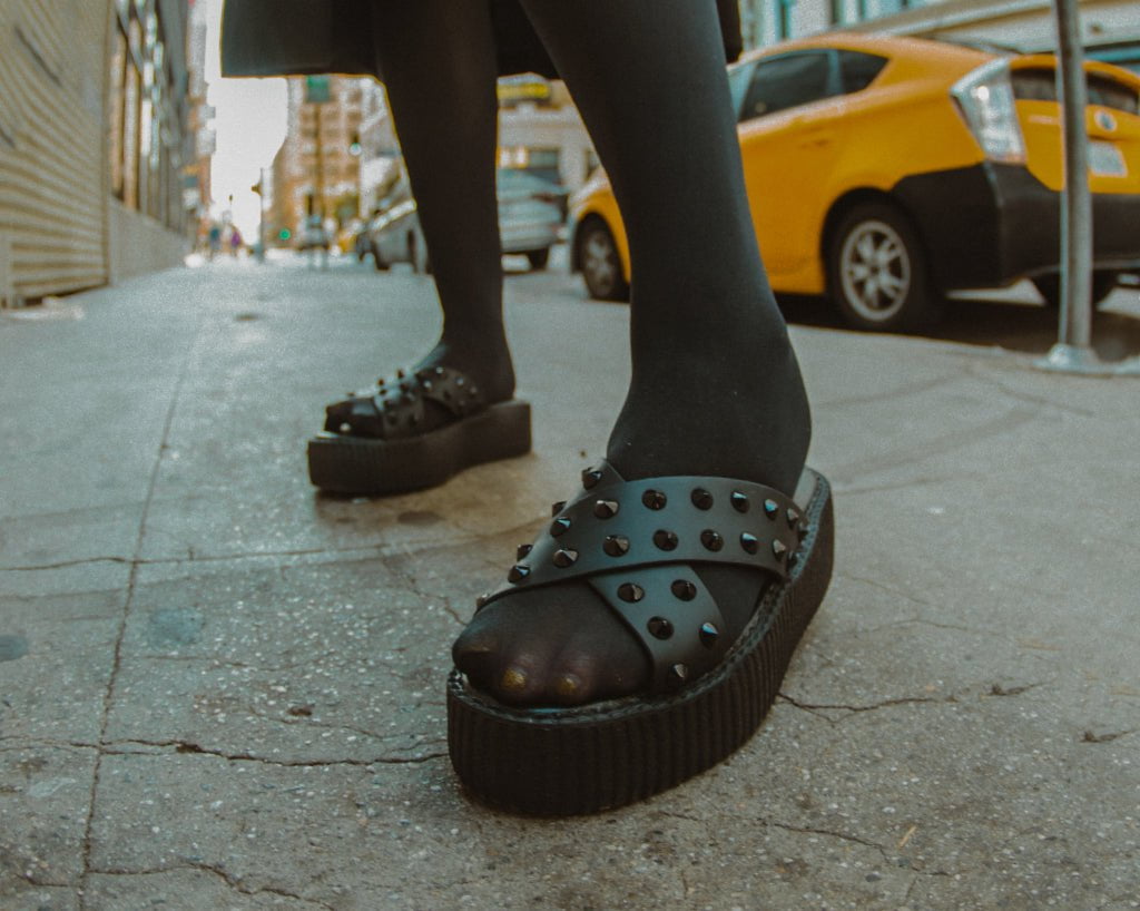 V3179L Black TUKskin™ Cross Strap Studded Sandal
