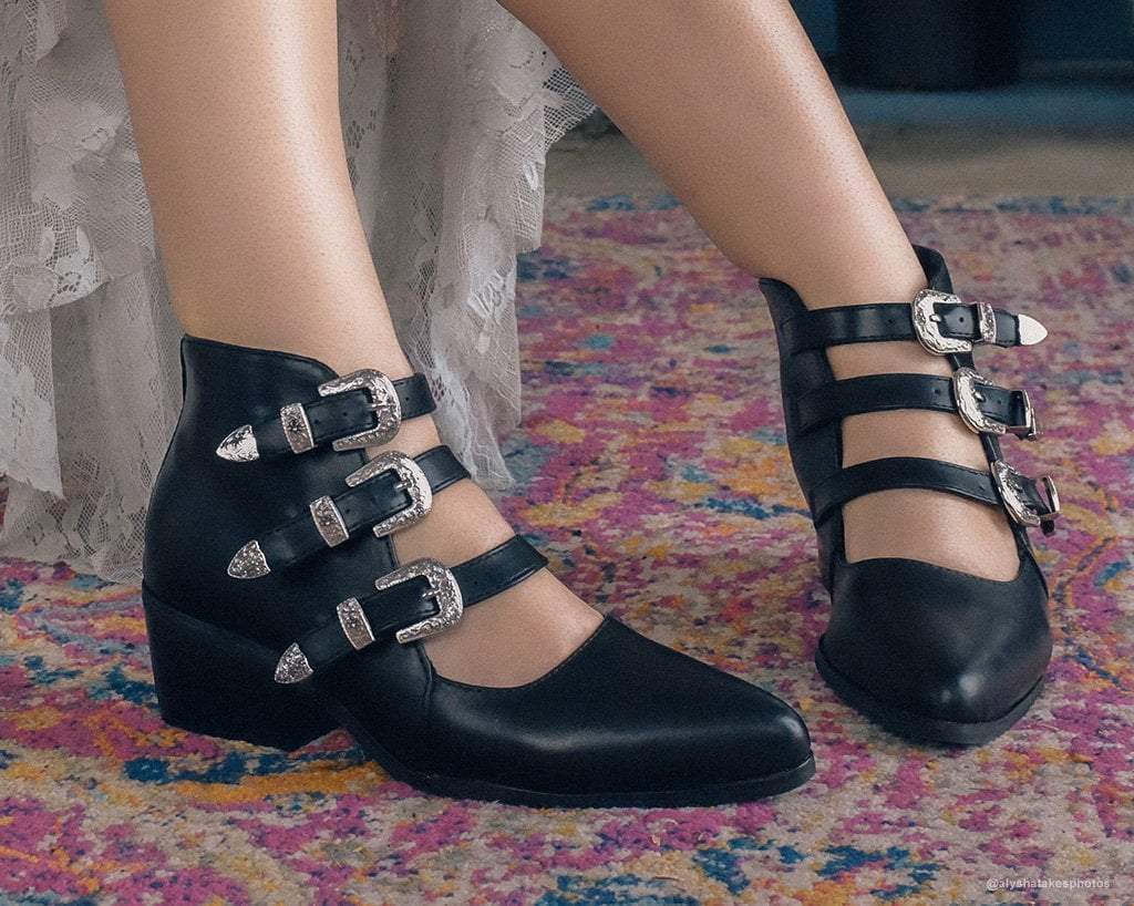 A9625L Black Western Buckle Block Heel