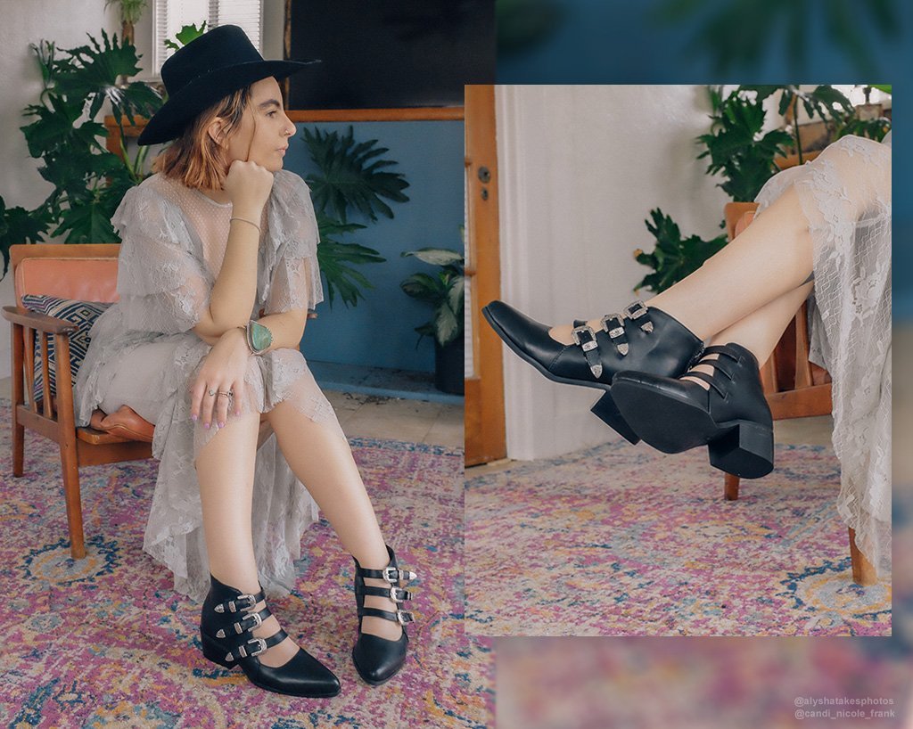 A9625L Black Western Buckle Block Heel