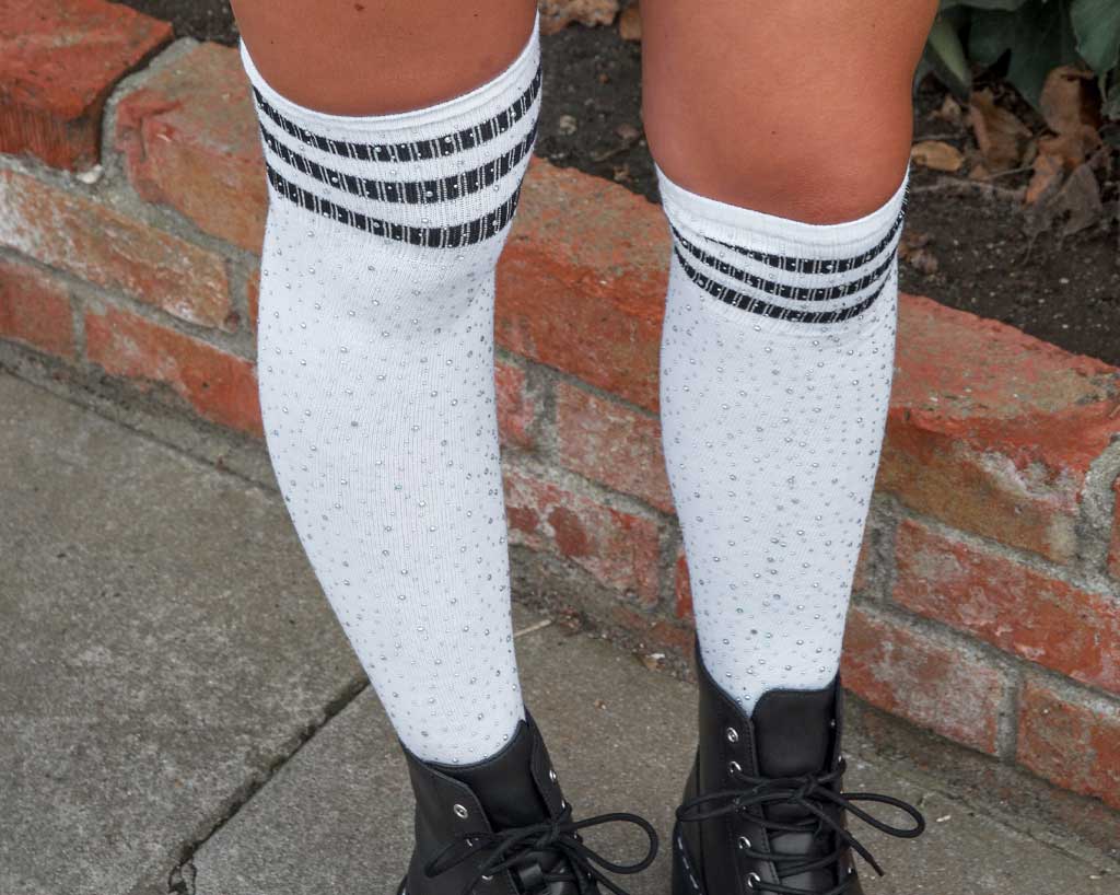 TSK1124 Black & White Varsity Rhinestone Over-The-Knee Sock TSK1124-OS