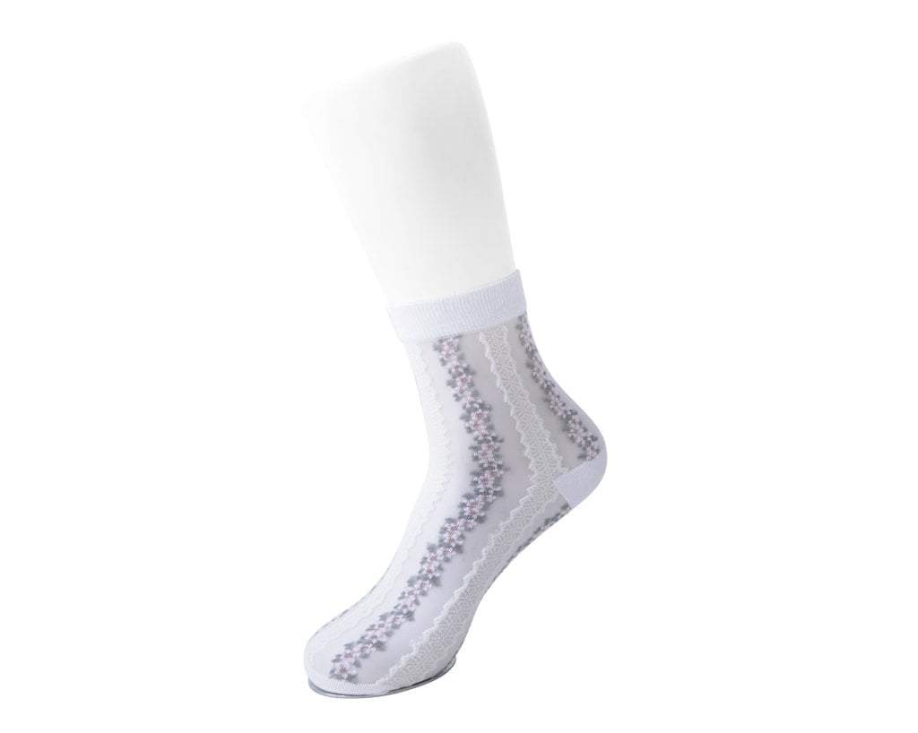 TSK1078 White Stripe Floral Sheer Sock TSK1078-OS