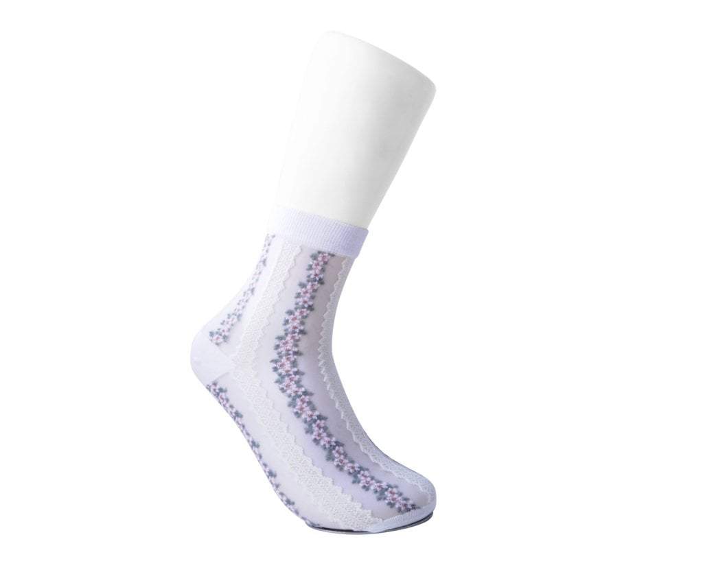 TSK1078 White Stripe Floral Sheer Sock TSK1078-OS